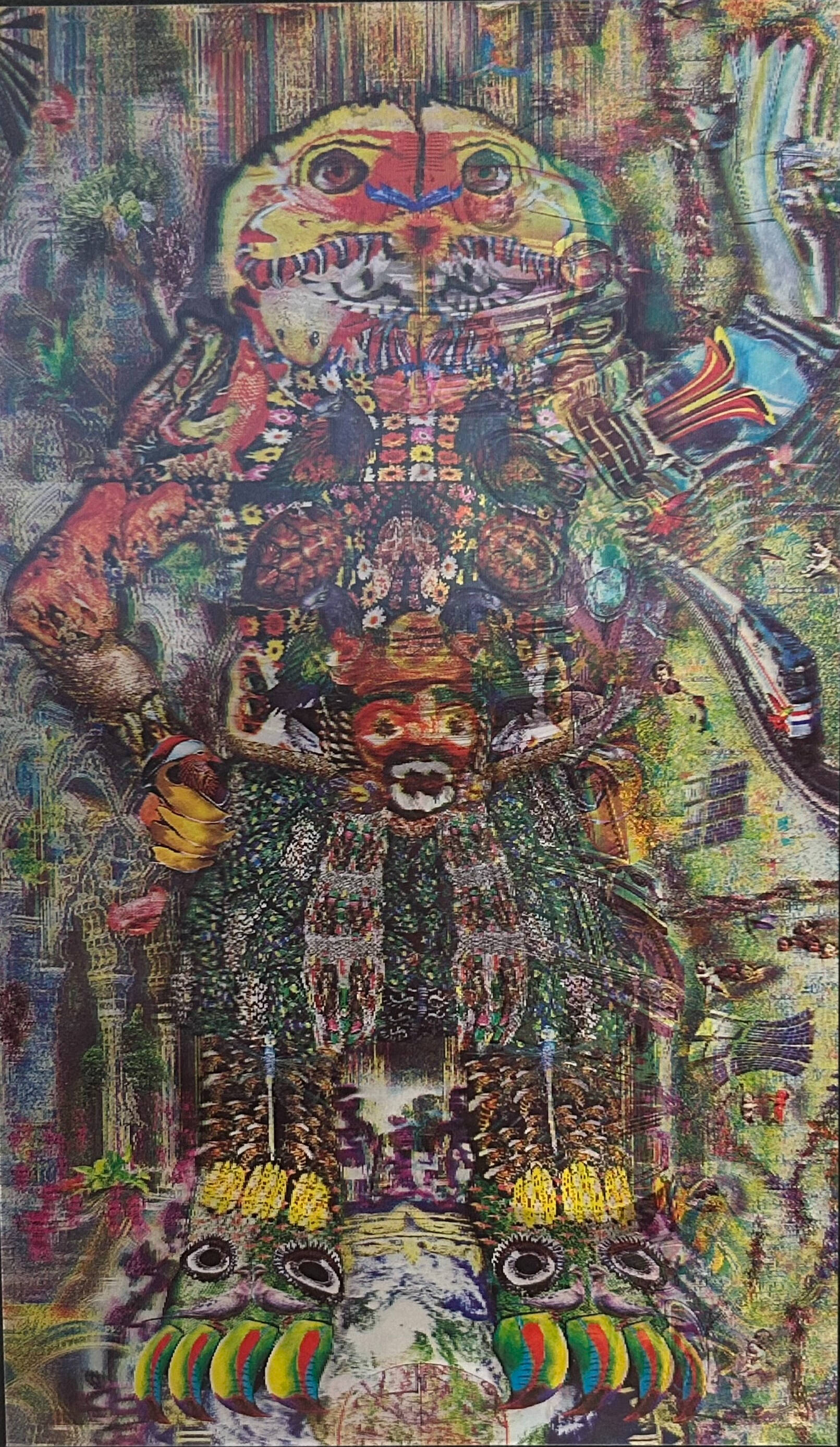 A lenticular print of a figure that is standing up with their rightmost arm raised and their leftmost arm resting on their hip. Each of the figure's body parts are made from a collection of items and patterns.
